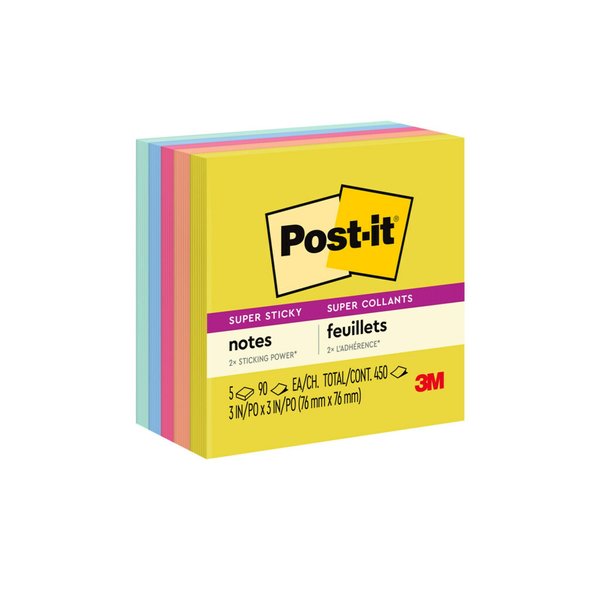 Post-It Note Pads in Summer Joy Collection Colors, 3" x 3" 90 Sheets/Pad, PK5, 5PK 7100269497